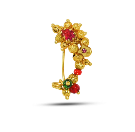 24-ct gold-plated marathi red stone studded nose pin with pearls - Adwitiya  - 4179410